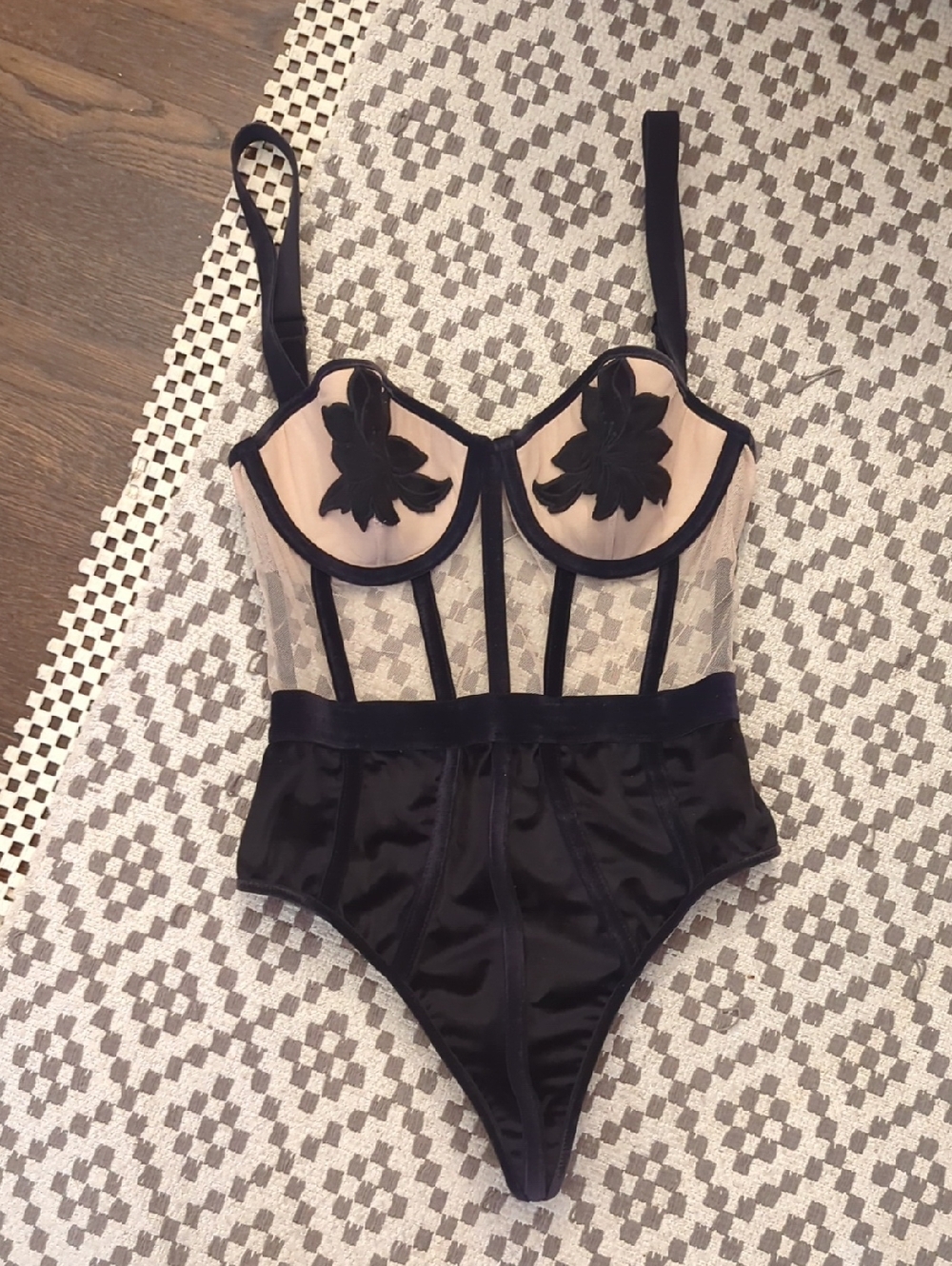 Victoria's Secret Black and Nude Floral Appliqué Bustier Bodysuit